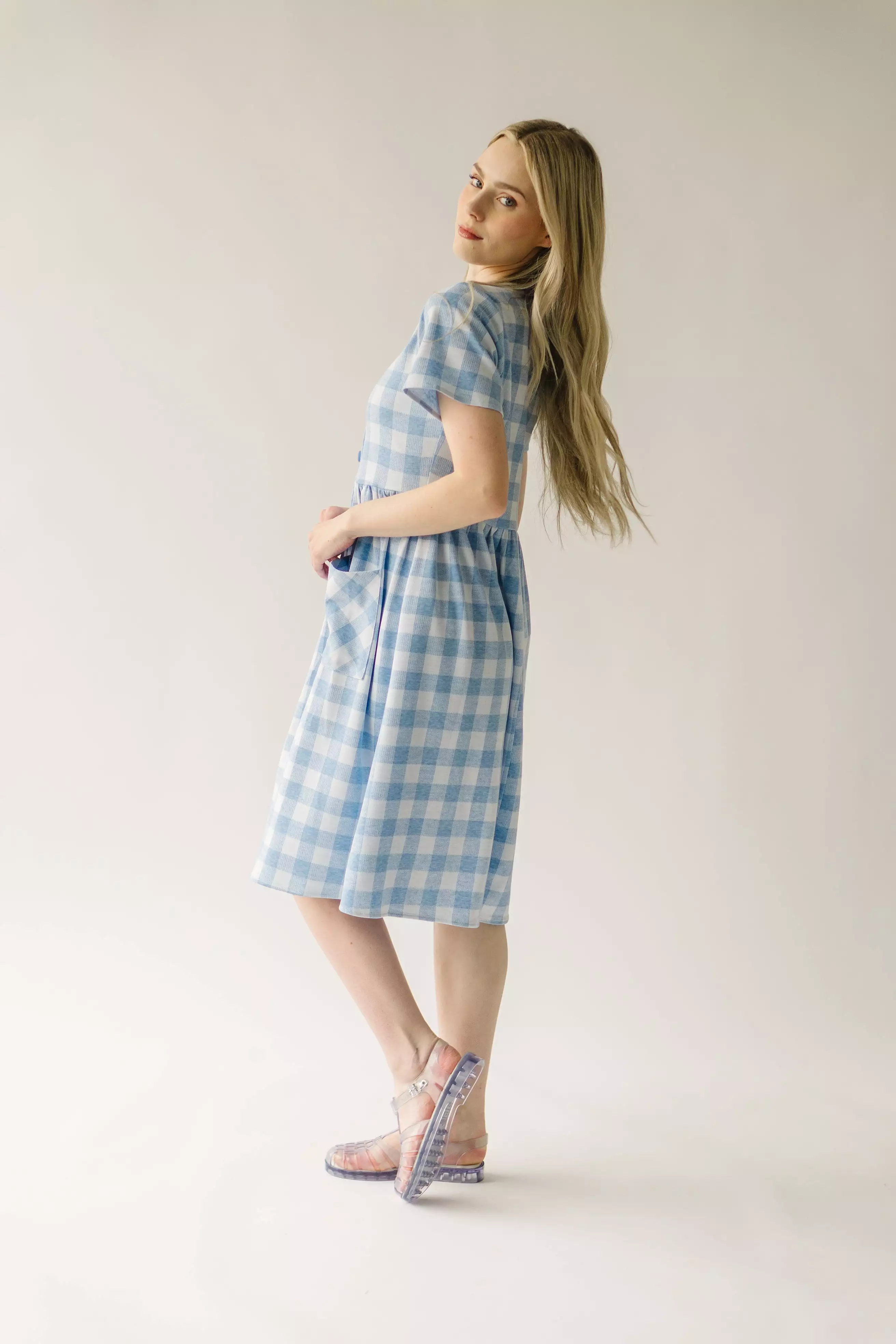 The Boice Button Front Gingham Dress in Blue Mutli