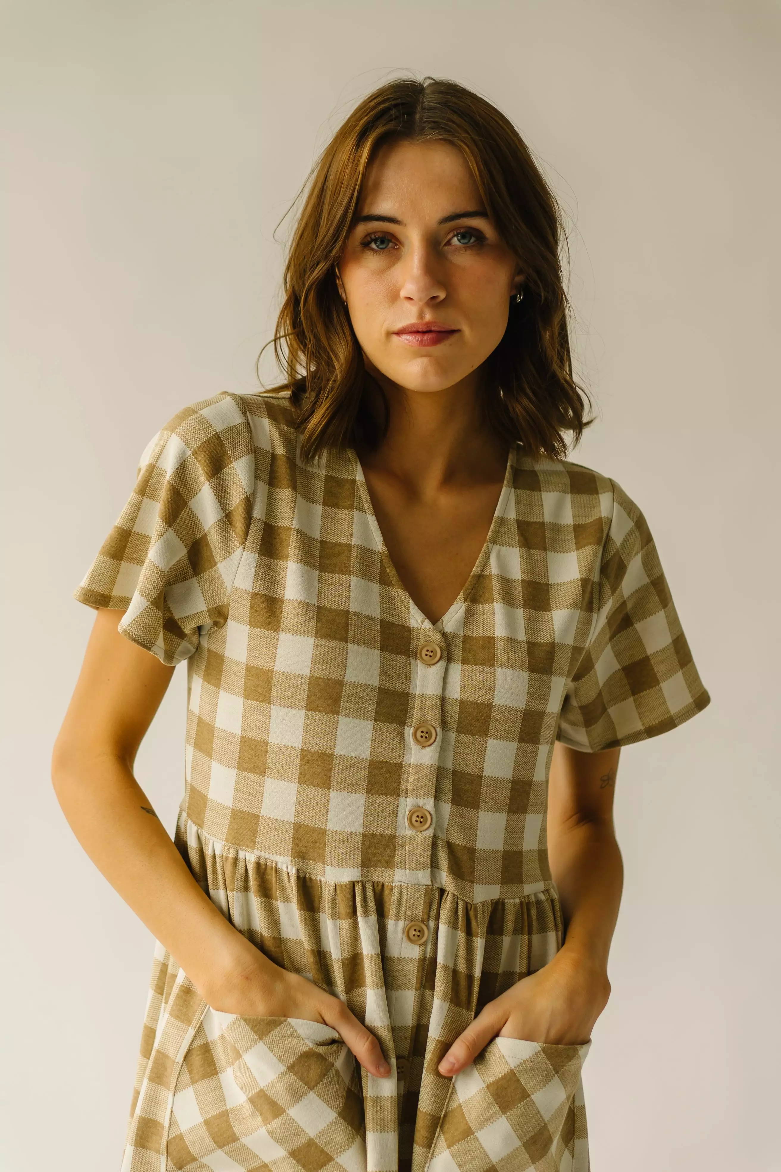 The Boice Gingham Button Front Dress in Camel Multi