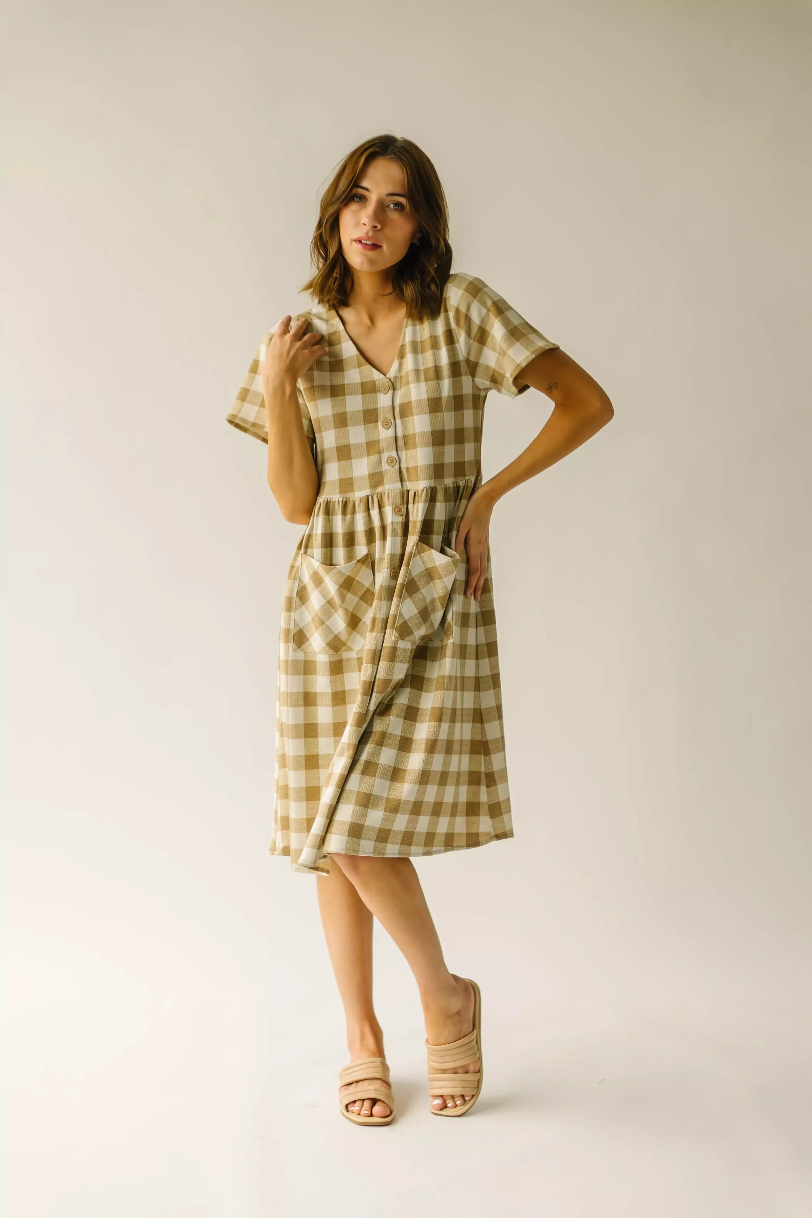 The Boice Gingham Button Front Dress in Camel Multi