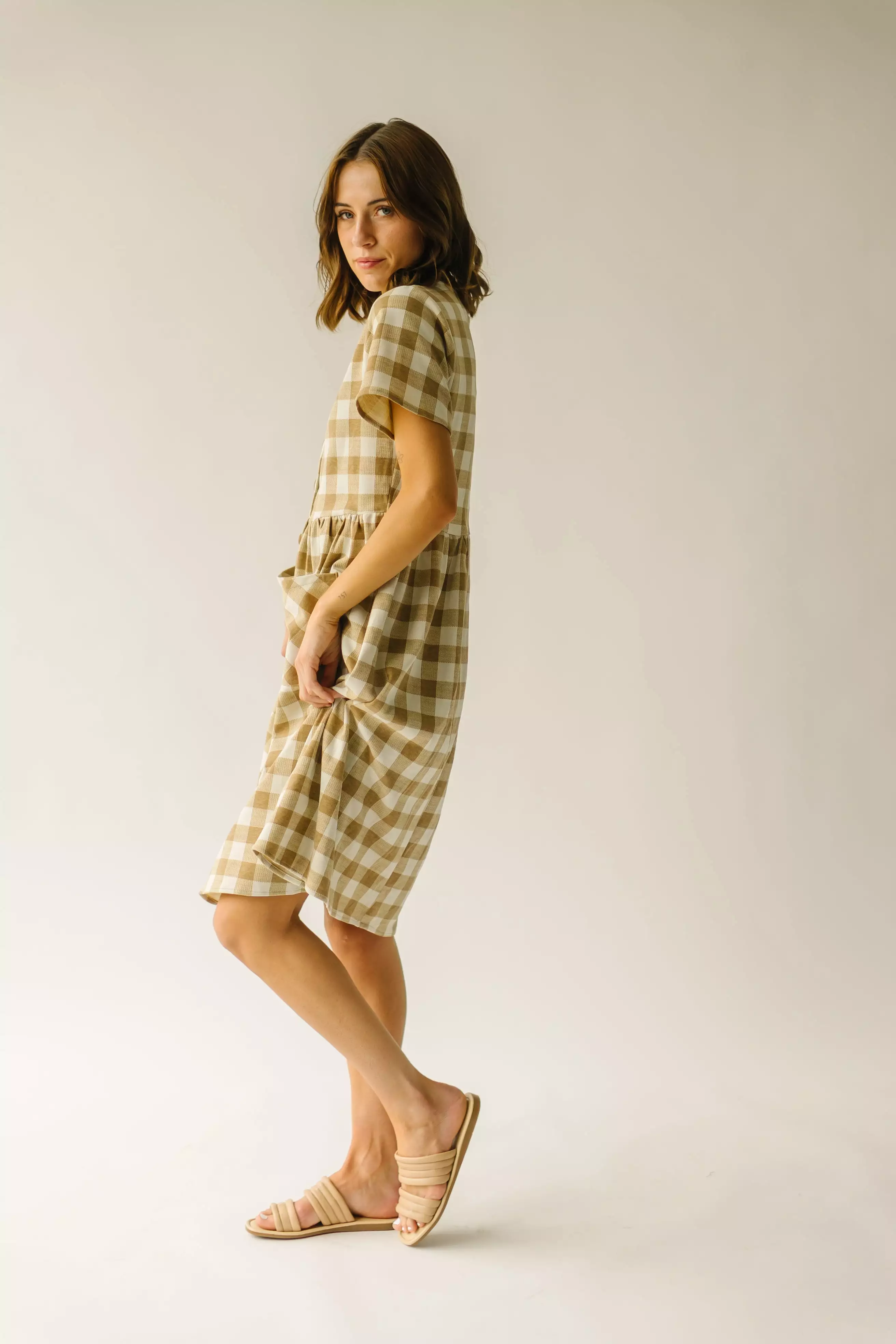 The Boice Gingham Button Front Dress in Camel Multi