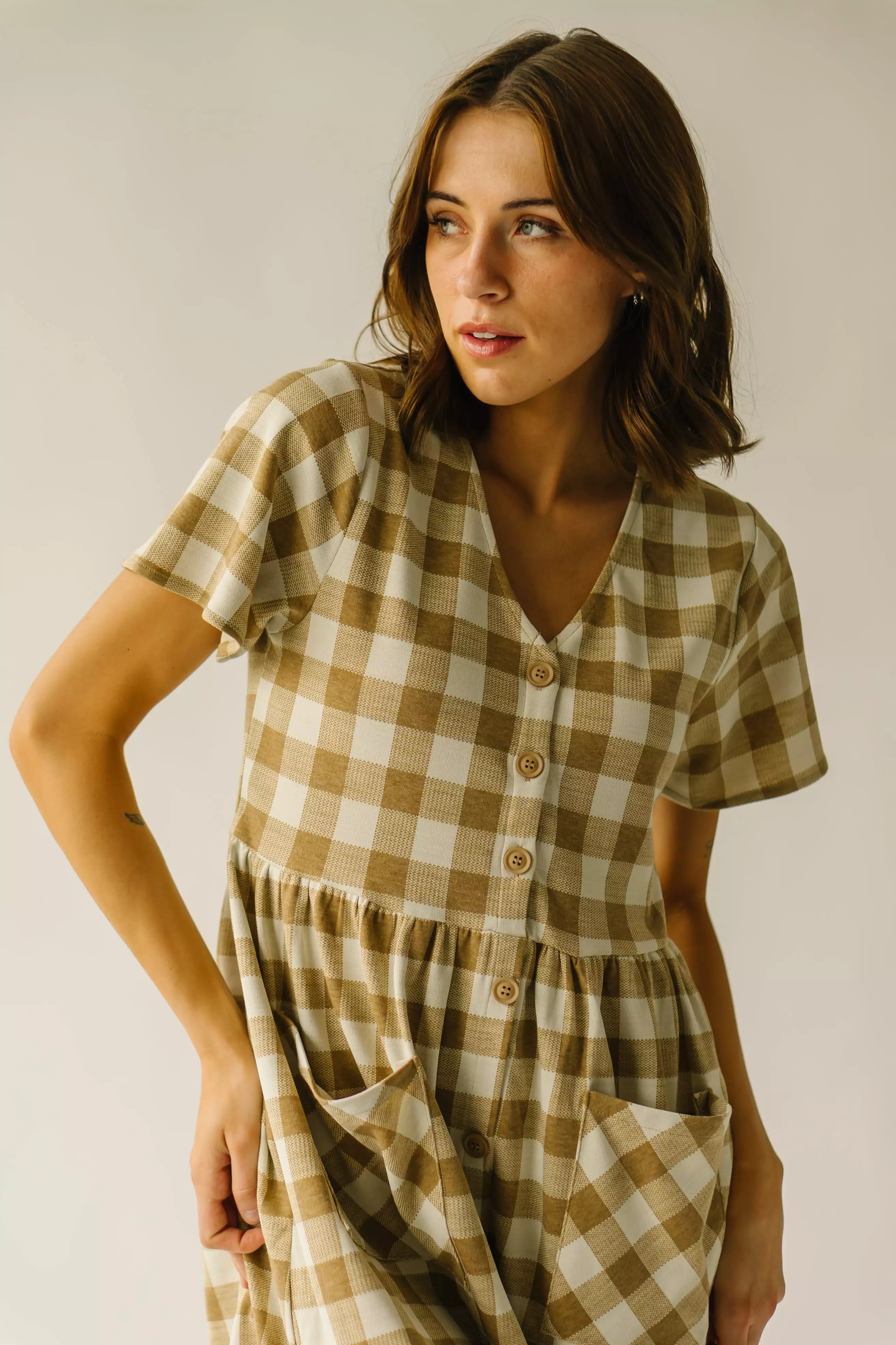 The Boice Gingham Button Front Dress in Camel Multi