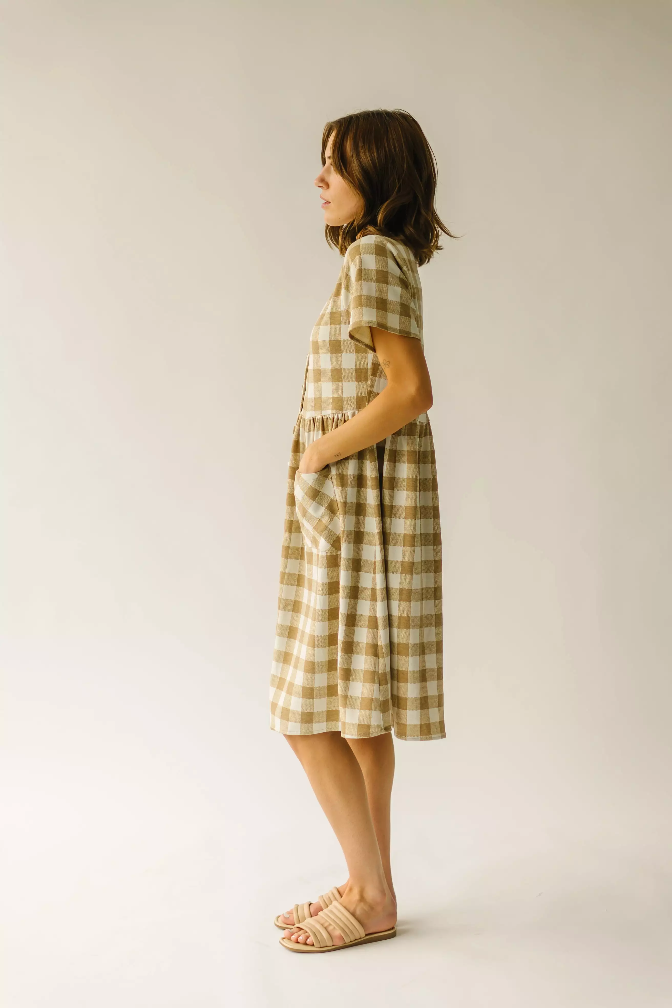 The Boice Gingham Button Front Dress in Camel Multi