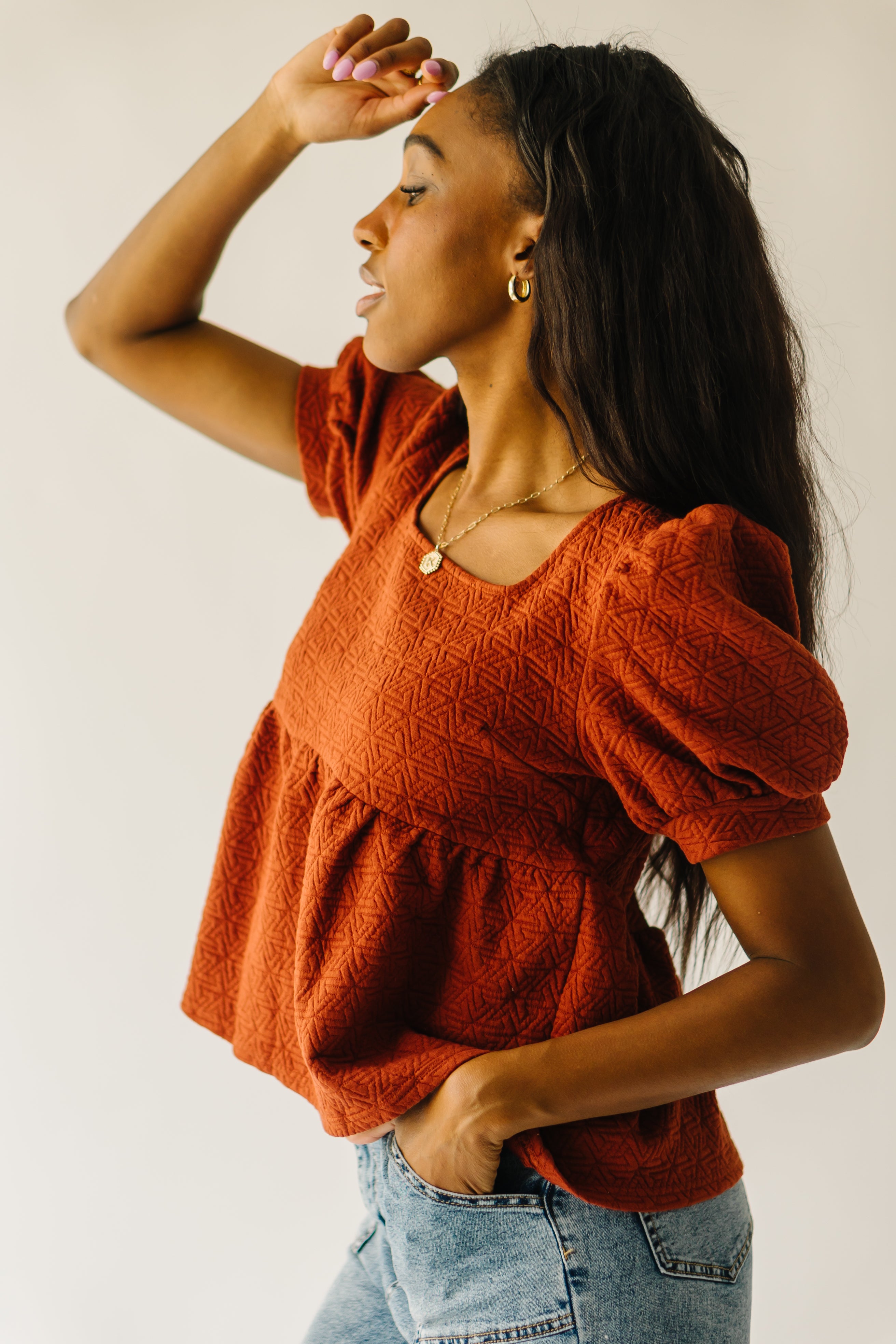 The Greendale Puff Sleeve Knit Blouse in Rust