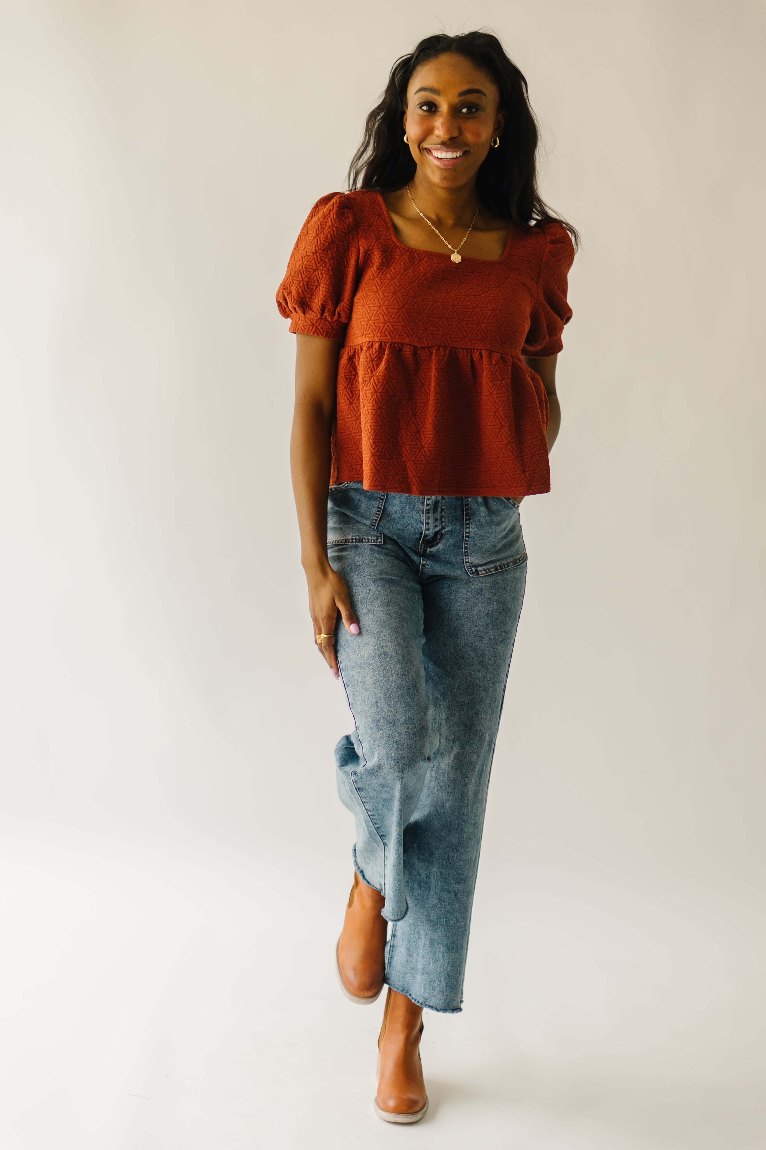 The Greendale Puff Sleeve Knit Blouse in Rust