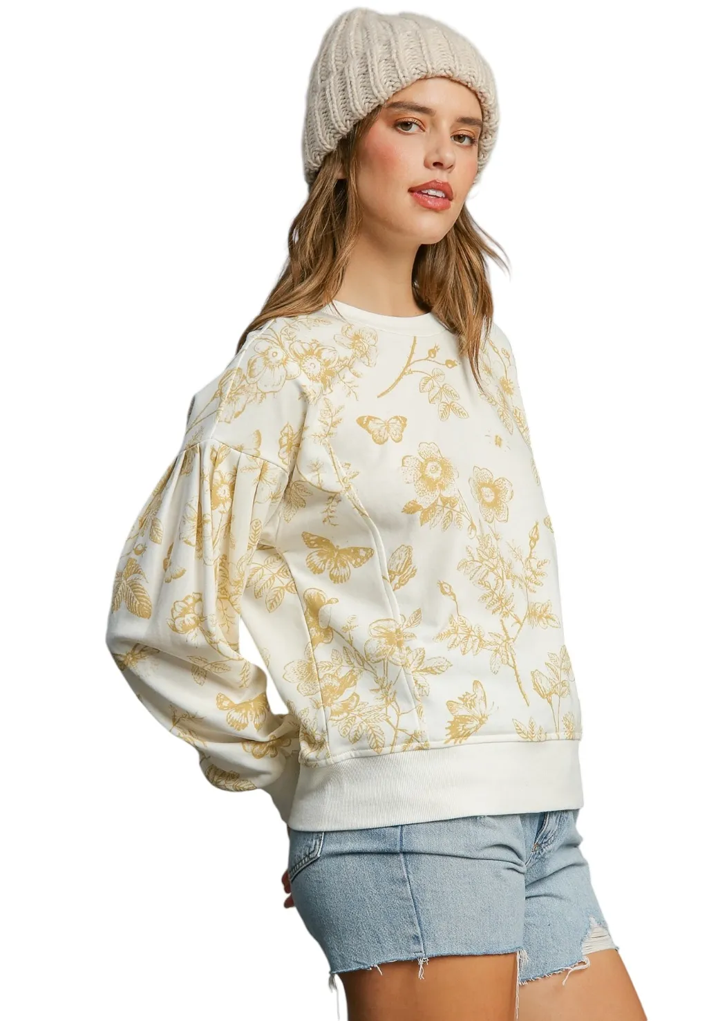 UMGEE PUFF SLEEVE FRENCH TERRY PRINT TOP