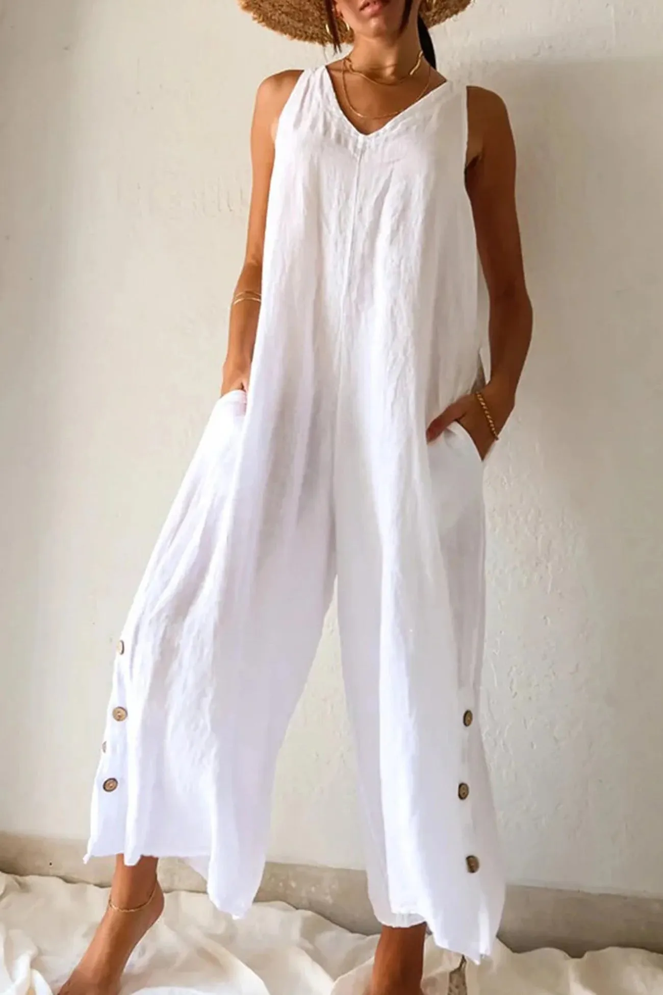 V Neck Button Hem Wide Leg Jumpsuits