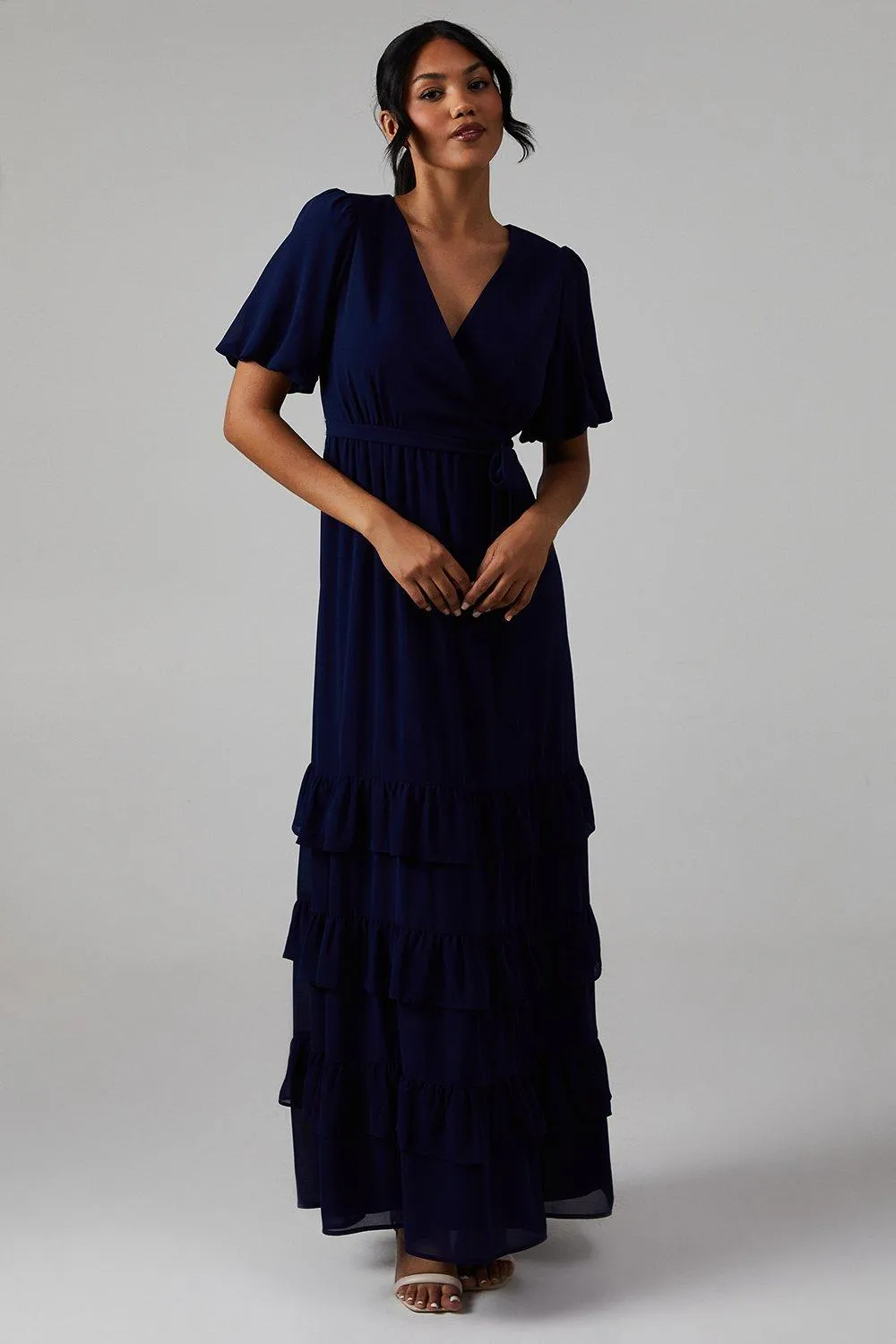 V Neck Puff Sleeve Tiered Georgette Bridesmaids Dressnavy