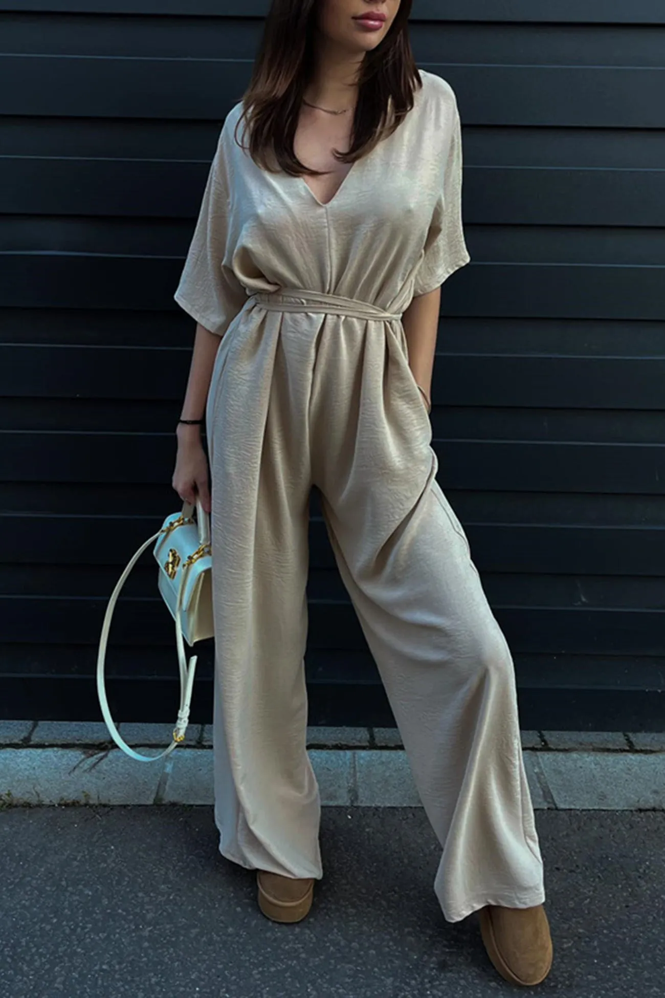 V Neck Tie-waist Wide Leg Jumpsuits