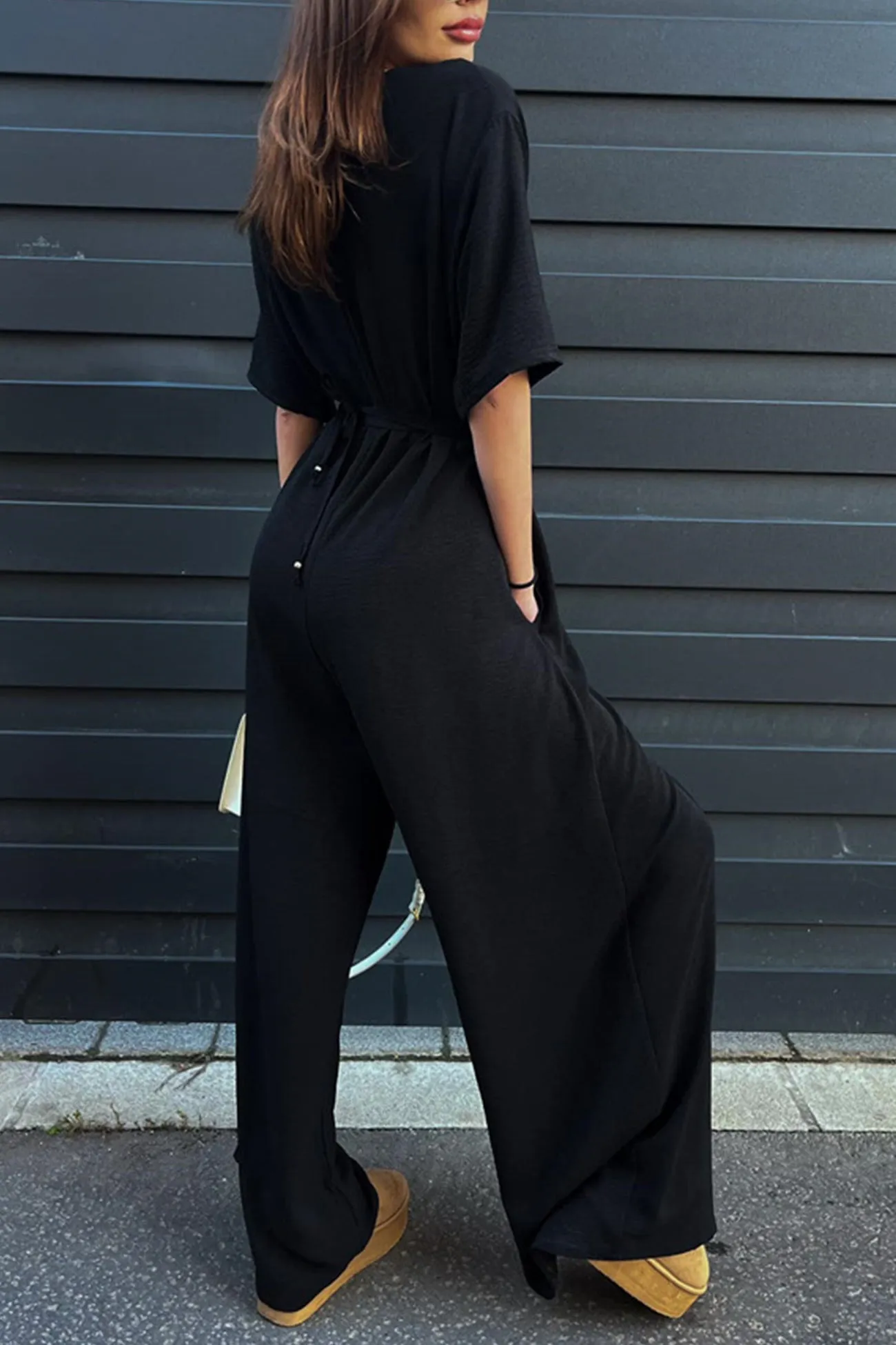 V Neck Tie-waist Wide Leg Jumpsuits