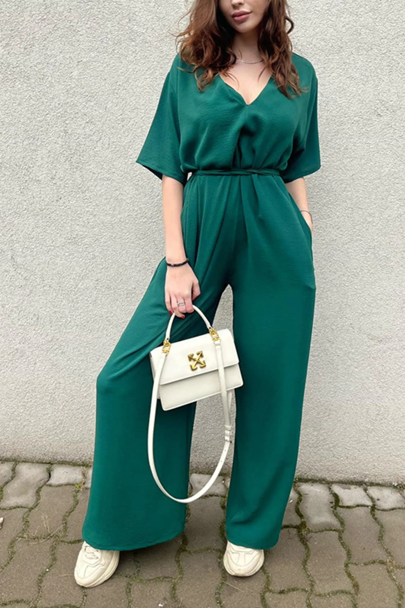 V Neck Tie-waist Wide Leg Jumpsuits