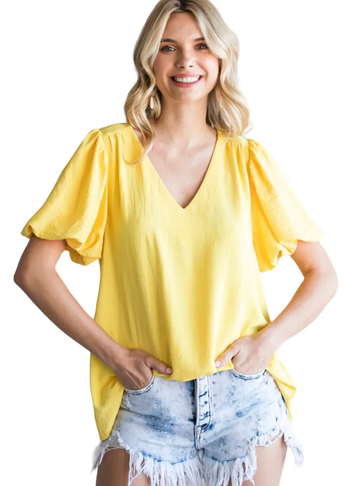 V-NECK WOVEN PUFF SLEEVE BLOUSE