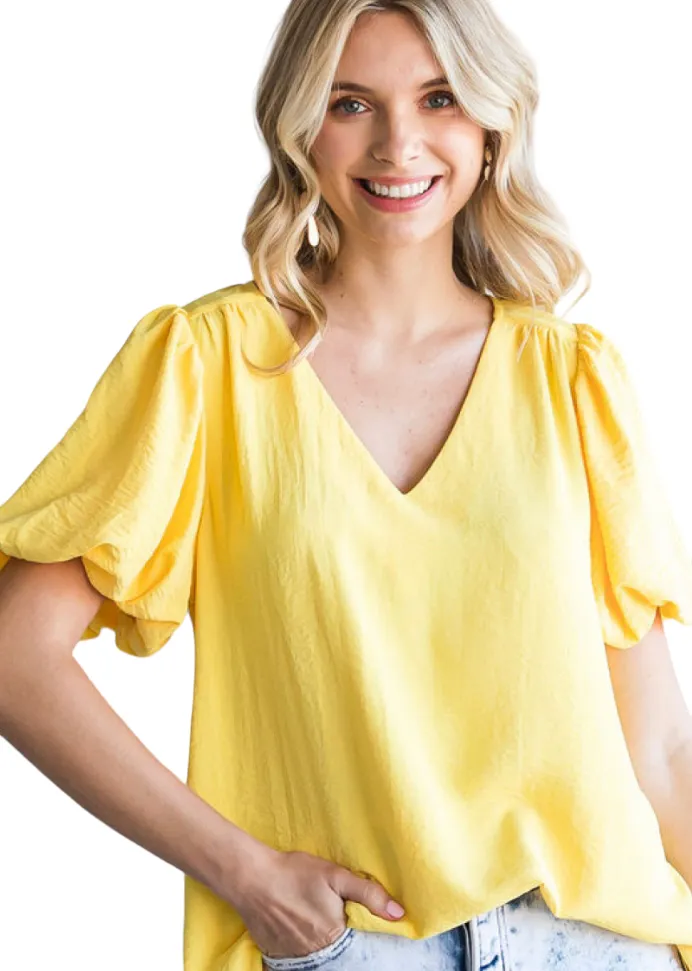 V-NECK WOVEN PUFF SLEEVE BLOUSE