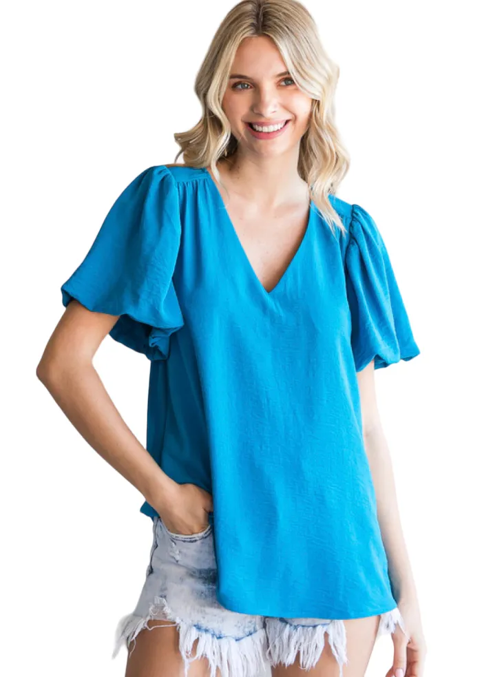 V-NECK WOVEN PUFF SLEEVE BLOUSE