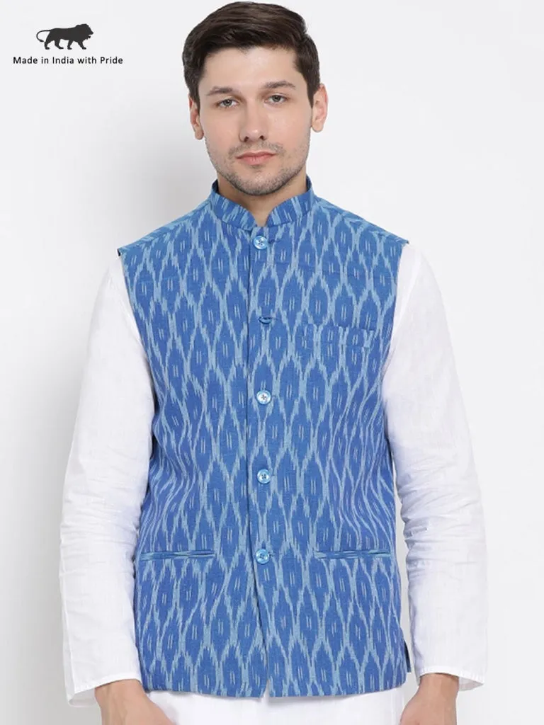 VASTRAMAY Men's Blue Cotton Ethnic Jacket