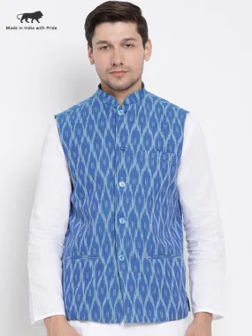 VASTRAMAY Men's Blue Cotton Ethnic Jacket