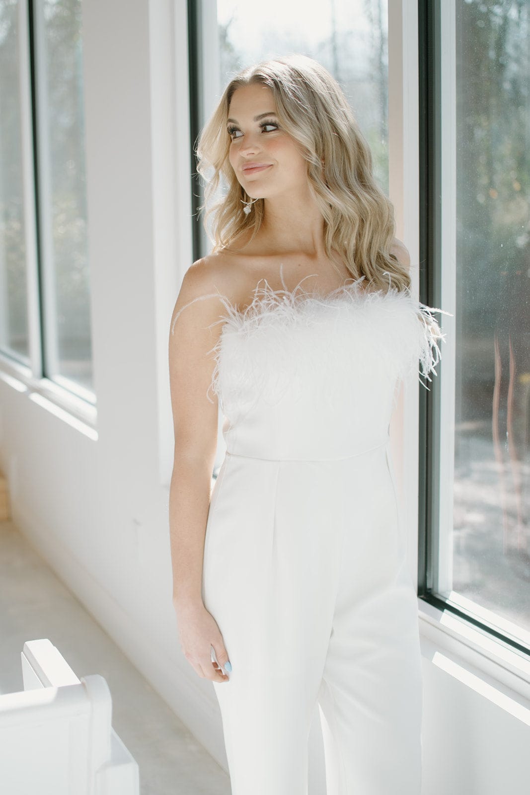 White Feather Trim Jumpsuit