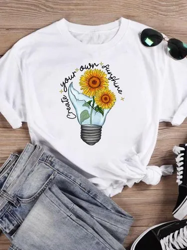 Women's T-shirt Short Sleeve T-Shirts Printing Casual Sunflower Letter