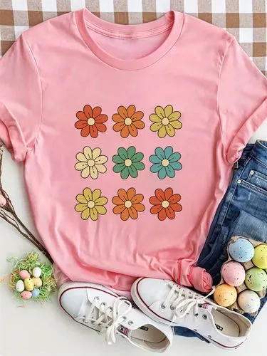 Women's T-shirt Short Sleeve T-Shirts Round Casual Flower