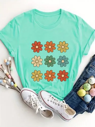 Women's T-shirt Short Sleeve T-Shirts Round Casual Flower