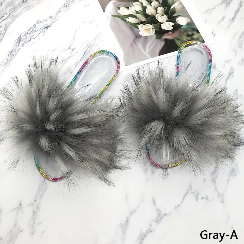 Women's Fashion Summer Gray Synthetic Fur Slides Crystal House Slippers